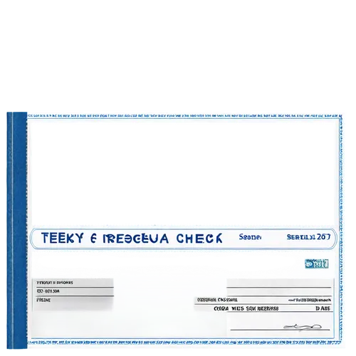 Official document, treasury check template, formal design, white background, blue font, serial number, date, payee name, dollar sign, numerical amount, signature line, perforated edge, 3/4 composition