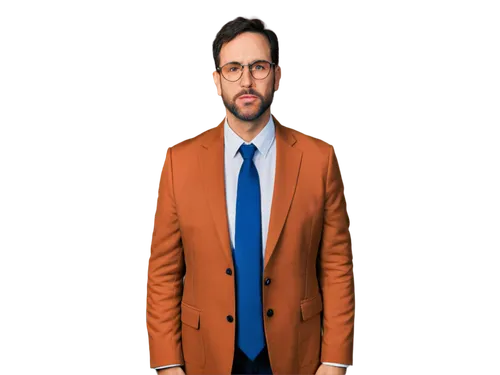 Adam's portrait, middle-aged man, serious expression, short brown hair, glasses, beard, white shirt, blue tie, suit jacket, formal attire, indoor setting, softbox lighting, 3/4 composition, shallow de