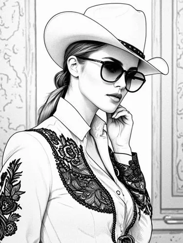 a girl with sunglasses and a cowboy hat,ilsa,wesker,panama hat,the hat-female,aristocrat,noblewoman,Design Sketch,Design Sketch,Black and white Comic