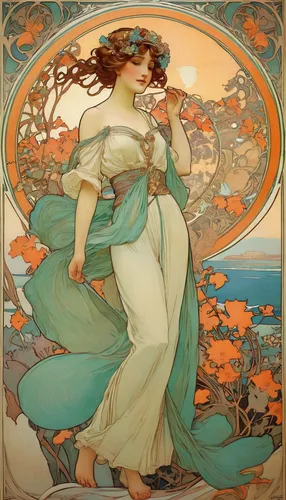 mucha,alfons mucha,art nouveau,art nouveau design,art nouveau frame,rusalka,art nouveau frames,orange blossom,flora,kate greenaway,dryad,idyll,autumn idyll,throwing leaves,woman playing violin,secret garden of venus,fantasia,rosa ' amber cover,faerie,scent of jasmine,Illustration,Retro,Retro 03