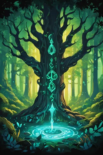 celtic tree,elven forest,druid grove,runes,magic tree,holy forest,the roots of trees,forest tree,druid stone,tree of life,green tree,enchanted forest,druid,forest background,triquetra,the forests,druids,flourishing tree,roots,elven,Illustration,Japanese style,Japanese Style 07