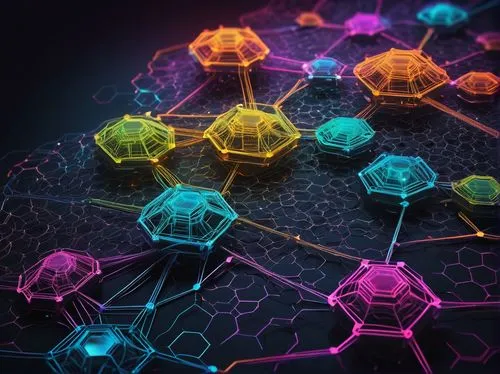 Modern java microservices architecture, complex system diagram, multiple hexagonal nodes connected by lines, 3D visual representation, futuristic neon lighting, metallic structure, abstract background