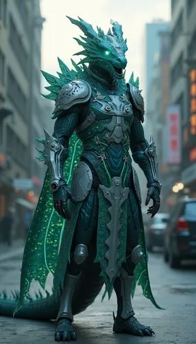 3d realistic character image of a protector of vast digital forests in a future where data grows organically. Its attire melds a costume with dragon scales with data-stream designs, adorned with circu