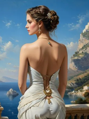 WINTERHALTER quality portrait of pretty Marija Vukovic’s backside.,the painting shows a girl dressed in an elegant white dress, wearing a gold and crystal necklace and hair clip,ariadne,taormina,sapph