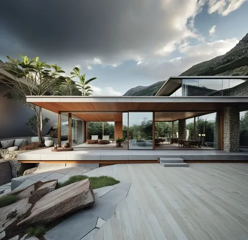 modern home sitting on a large wood deck,roof landscape,dunes house,landscape design sydney,amanresorts,tropical house,3d rendering,Photography,General,Realistic