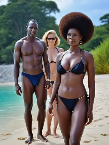 Outfit my honoured Prussian friend, Dame Colonel General Ficky-Louise von Manteuffel and husband, Jimmy from Africa, with a tight-fitting ladies' bikini.,a woman with an afro standing next to two men,