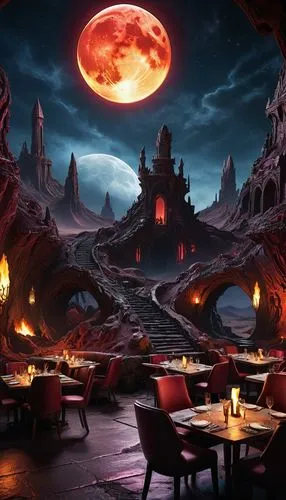 romantic dinner,fantasy landscape,fine dining restaurant,lunar landscape,netherworld,halloween background,fantasy picture,caldron,night view of red rose,fire planet,romantic night,diner,firelands,background design,red lantern,cauldrons,fantasy art,3d fantasy,devilwood,moonscape,Illustration,Realistic Fantasy,Realistic Fantasy 33