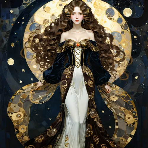 queen of the night,lady of the night,zodiac sign libra,priestess,moon phase,golden wreath,harmonia macrocosmica,sorceress,the enchantress,gold foil mermaid,golden crown,fairy queen,celestial body,the snow queen,golden apple,celtic queen,gold leaf,fantasy portrait,gold filigree,the zodiac sign pisces,Illustration,Realistic Fantasy,Realistic Fantasy 08