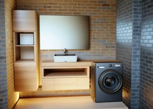 camera in a bathroom with brick walls,digital bi-amp powered loudspeaker,modern room,sonos,audio speakers,loudspeakers,stereophile,Photography,General,Natural