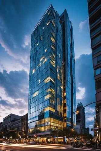 Modern RMW architecture, futuristic skyscraper, sleek metallic facade, glass windows, intricate structural details, angular lines, vibrant cityscape at dusk, neon lights reflecting off the building, b