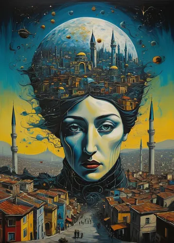 A fantastical cityscape (istanbul) where mythical creatures coexist with futuristic elements, a harmonious blend of the past and present and future, design in mind, impasto brush strokes by vincent va