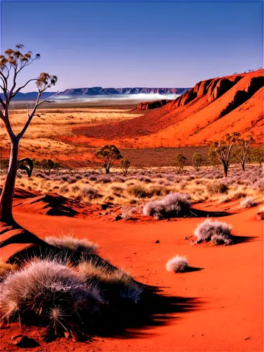 Australian landscape, panoramic view, blue sky with fluffy white clouds, sun-kissed terrain, rugged outback, red earth, spinifex grass, eucalyptus trees, solitary tree in distance, warm lighting, gold