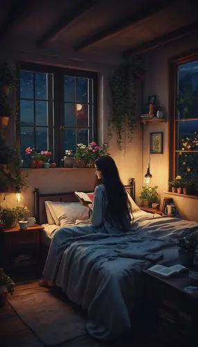 crewdson,bedroom,bedroom window,coziness,romantic scene,windowsill,Illustration,Abstract Fantasy,Abstract Fantasy 01