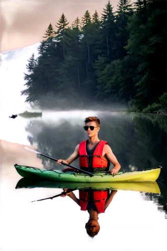 Kayaker, young adult, male, athletic build, short hair, sunglasses, life jacket, paddle in hand, kayak in water, reflection on lake surface, morning mist, soft lighting, panoramic view, 3/4 compositio