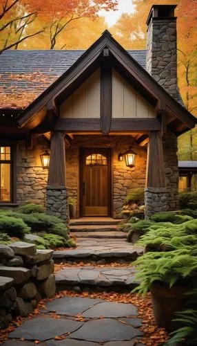 Craftsman style architecture, woodsy tone, earthy color palette, rugged stone foundation, sloping roof, dormer windows, wooden trusses, exposed beams, cozy porch, lantern-style lighting, natural texti