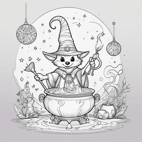 A vibrant, colorful scene where a character reminiscent of Mickey Mouse is dressed as a whimsical wizard with a pointy hat and cape, holding a sparkling wand over an enchantingly bubbling cauldron. Th