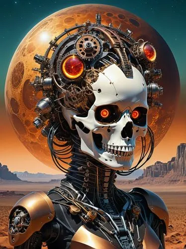 A digital artwork depicting a futuristic, dystopian scene with a central focus on a mechanical skull-like structure, known as a cyborg entity, floating in the upper half of the composition. This intri