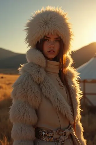 eskimo,white fur hat,mongolian girl,chukchi,shearling,fur coat