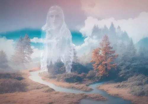 ghost forest,sylphs,mediumship,double exposure,apparitions,ghost girl,patronus,mystical portrait of a girl,mystical,apparition,dreamlands,enchantments,veil fog,ghostlike,spirits,the spirit of the moun