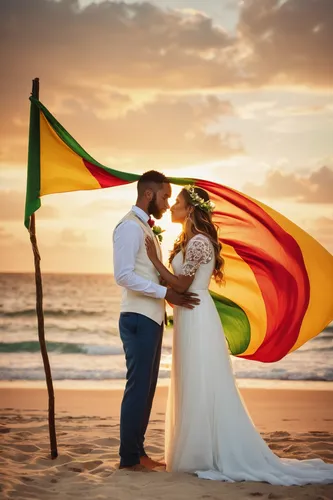 Describe a serene beach wedding ceremony where the bride and groom exchange vows under a billowing Rasta flag against a stunning sunset backdrop.,rasta flag,loving couple sunrise,rainbow flag,wedding 