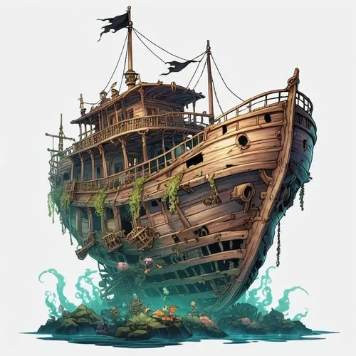 rotten boat,shipwreck,ship wreck,ghost ship,gangplank,shipwrecks,Illustration,Abstract Fantasy,Abstract Fantasy 11