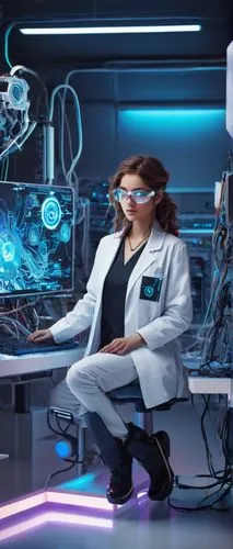 Dally AI, futuristic laboratory, robot scientist, white lab coat, goggles, messy brown hair, bright blue eyes, robotic arms, wires, circuits, holographic display, futuristic computer screens, neon lig