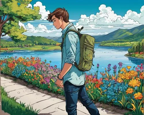 Male, young adult, major in landscape architecture, green thumb, casual wear, denim shirt, rolled up sleeves, dark jeans, sneakers, backpack, pens and pencils in hand, standing, surveying, park, lake,