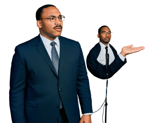 Martin Luther King Jr., African American male, 30-40yo, historical figure, civil rights leader, serious expression, mustache, suit, tie, white shirt, black hair, glasses, microphone in hand, speaking,