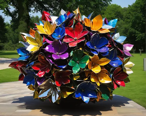 garden sculpture,pinwheels,wreath of flowers,steel sculpture,globe flower,flower art,plastic flower,memorial ribbons,flower wreath,sculpture park,ulysses butterfly,bouquet of flowers,flower clock,blooming wreath,flower vase,flowers in wheel barrel,decorative flower,allies sculpture,flower tree,ornamental flowers,Unique,3D,Modern Sculpture