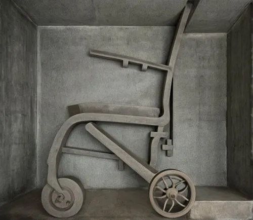 Brutalist Interior Design,the wheel is positioned on top of the floor and it has wheels,wheel chair,wheelchair,wheelchairs,trikke,hand truck,kienholz