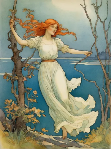 rusalka,mucha,kate greenaway,the blonde in the river,siren,the sea maid,spring equinox,idyll,art nouveau,girl on the river,vintage illustration,lilian gish - female,water nymph,throwing leaves,alfons mucha,fantasia,midsummer,dryad,faerie,fairies aloft,Illustration,Retro,Retro 19