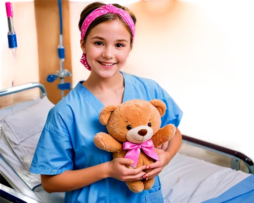 "young girl, childhood cancer survivor, smiling face, bandana on head, thin eyebrows, bright brown eyes, rosy cheeks, pale skin, wearing hospital gown, holding teddy bear, IV tube on arm, standing in 