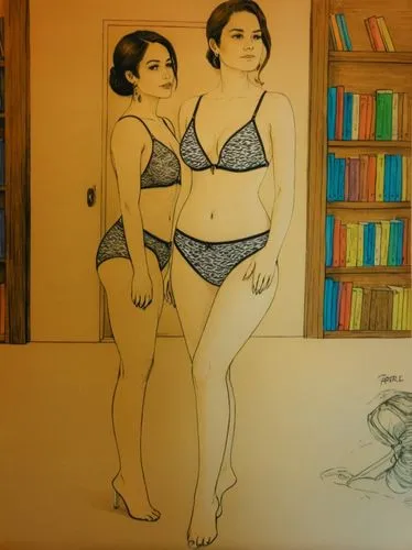 Ink drawing of some beautiful bikini women who stand in a library,a woman wearing  and underwear standing in front of bookshelves,bechdel,burkinabes,chicanas,pin-up girls,rotoscoped,maillol,Illustrati