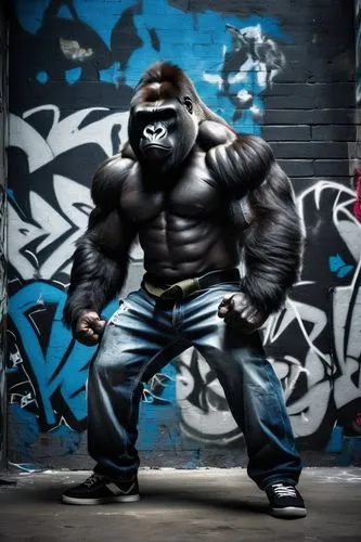 silverback,gorilla soldier,bane,gorilla,kong,graffiti art,fighting stance,strongman,king kong,graffiti,brute,grafitty,digital compositing,muscle man,ape,bouncer,pow,wall breaker,minion hulk,cleanup,Illustration,Japanese style,Japanese Style 17