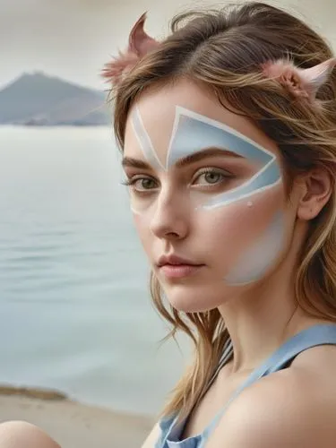 woman with cat face paint on sitting by the ocean,a woman with face paint and horns on her head,face paint,warpaint,face painting,natural cosmetic,circlet,bodypainting,Photography,Black and white phot