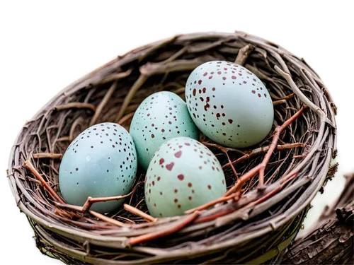 Cardinal egg, pale blue-green shell, brown speckles, smooth texture, rounded shape, 3-4 eggs in nest, twig nest, morning dew, soft natural light, shallow depth of field, warm color tone, macro photogr