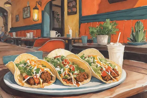 Picture a cozy cafe where friends gather to enjoy delicious rolled tacos. ,tacos food,tacos,tex-mex food,taco tuesday,mango catfish taco,southwestern united states food,taco,mexican food,mexican foods