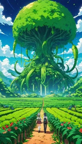 mushroom landscape,mushroom island,yggdrasil,frog background,maplestory,tree grove,arbor,green fields,overworld,kanto,vegetable field,gyo,ghibli,earthbound,yazaki,blooming field,malakunas,tea field,fruit fields,tree mushroom,Illustration,Japanese style,Japanese Style 03