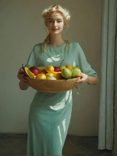 And so the light blonde young lady came up to me like a goddess, smiling brightly and young and carrying the most amazing filled fruit bowl I have ever seen.,woman holding a large bowl full of fruits,