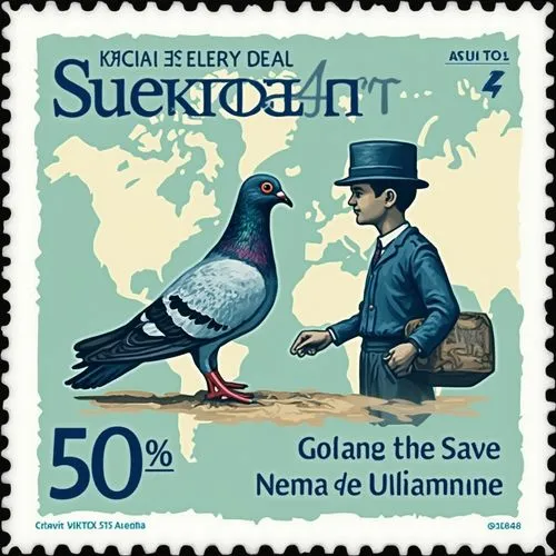 The postage stamp commemorating the 150th anniversary of the Universal Postal Union features a central image of a carrier pigeon, symbolizing historical communication, alongside a traditional postal w