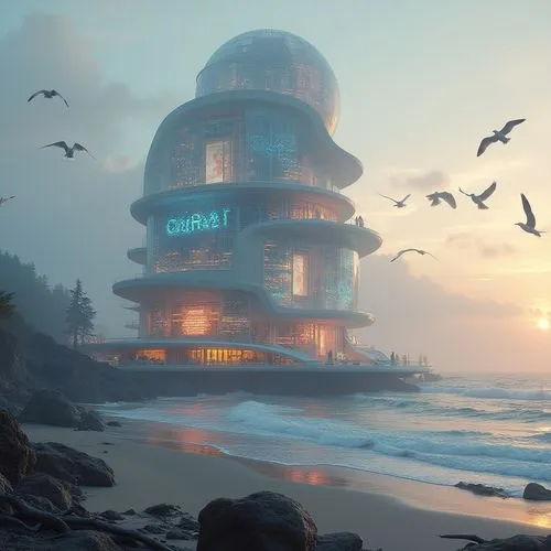 Blobitecture building, coastal scenery, futuristic, rounded edges, iridescent glass, holographic advertisements, neon lights, misty atmosphere, seagulls flying overhead, sandy beach, rock formations, 