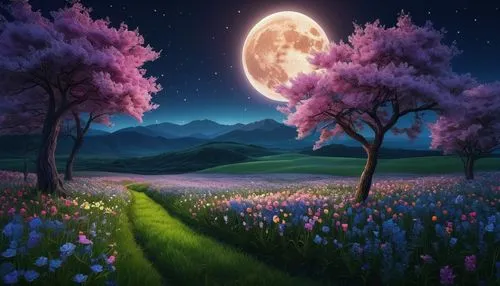 purple landscape,moonlit night,springtime background,moon and star background,spring background,landscape background,fantasy landscape,blooming field,japanese sakura background,sakura trees,cherry trees,lilac tree,fantasy picture,cherry blossom tree,meadow landscape,purple moon,meadow in pastel,sakura tree,lunar landscape,moonlit,Illustration,Japanese style,Japanese Style 05