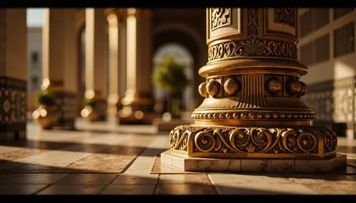 Ornate column, golden accents, intricate carvings, curved lines, ornamental capitals, marble surfaces, luxurious textures, opulent patterns, grandiose architecture, lavish decorations, dramatic lighti