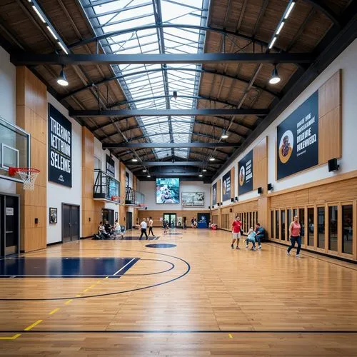 Modern gymnasium interior, open-plan layout, polished wooden floors, sports equipment storage, mirrored walls, high ceilings, clerestory windows, natural daylight, motivational quotes, athletic-inspir