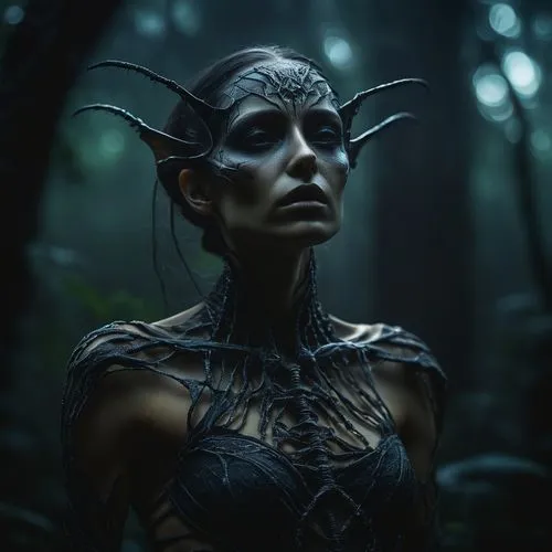 dark elf,enchantress,the enchantress,faerie,dryad,faery,druidic,elven,fantasy portrait,dryads,wood elf,violet head elf,sorceror,demoness,maleficent,unseelie,fantasy art,blue enchantress,morwen,huntress,Illustration,Realistic Fantasy,Realistic Fantasy 03