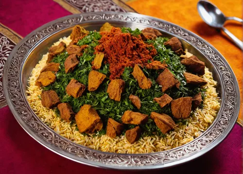 kabsa,hyderabadi haleem,spiced rice,iranian cuisine,middle eastern food,hyderabadi biriyani,middle-eastern meal,basmati rice,saffron rice,couscous,freekeh,muhammara,burji kalifa,pakistani cuisine,tandoori masala,injera,sindhi cuisine,garam masala,brown rice,rajasthani cuisine,Illustration,Realistic Fantasy,Realistic Fantasy 45