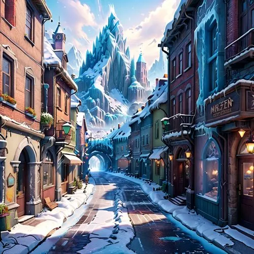 a large painting of a snowy town with trees,hogsmeade,winter village,medieval street,theed,cartoon video game background,icewind,martre,snow scene,winter background,winterfell,syberia,snowville,fantas