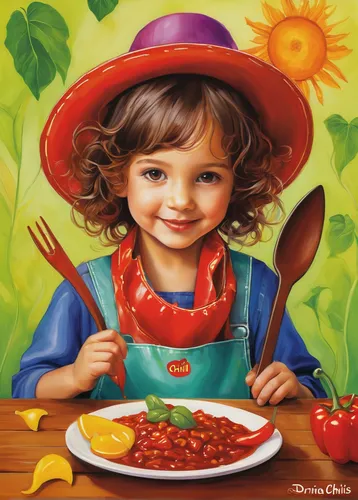 red tablecloth,cooking book cover,girl with cereal bowl,girl in the kitchen,ketchup tomato sauce,chili con carne,tomato purée,red chili,red chile,hatter,tomato paste,shirley temple,chili powder,little red riding hood,kidney beans,children's background,kids' meal,tomato sauce,placemat,arrabbiata sauce,Illustration,Realistic Fantasy,Realistic Fantasy 30