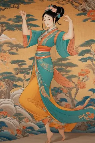 Dancing beauties, Dunhuang murals, oriental girls, dancing fairies, super details, Unreal Engine,a chinese woman dressed in oriental clothing and dancing,chuseok,oriental painting,kongfu,xiaojin,kuany