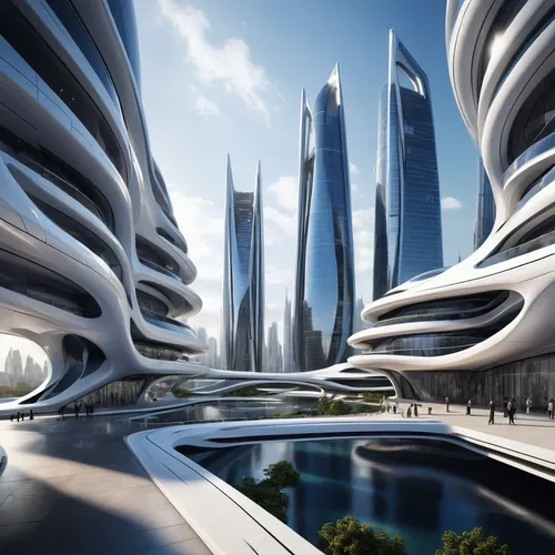 Design an zaha hadid 3D rendering of a futuristic cityscape.,futuristic architecture,futuristic landscape,futuristic art museum,sky space concept,futuristic,kirrarchitecture,dubai,smart city,calatrava